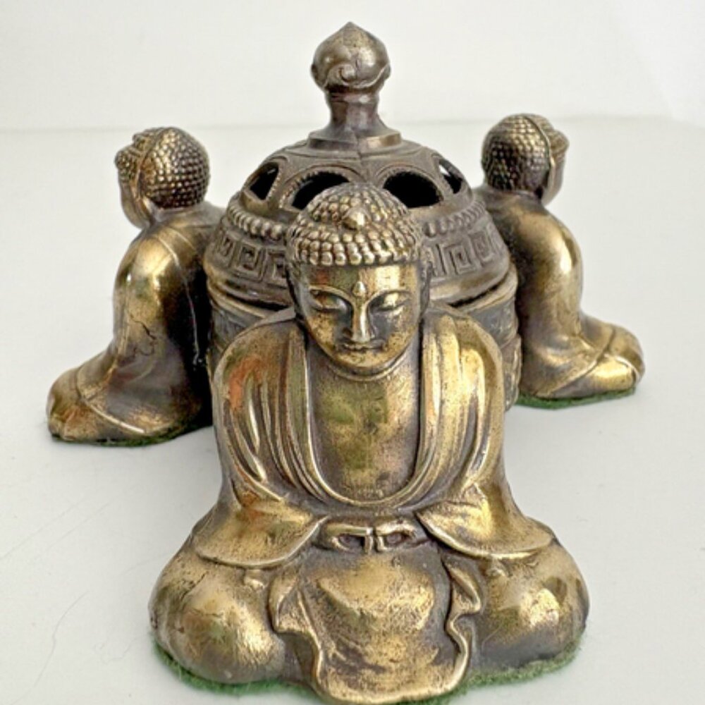 Vintage Unique Three Buddha Base Brass Incense Burner with Lid Made in Japan